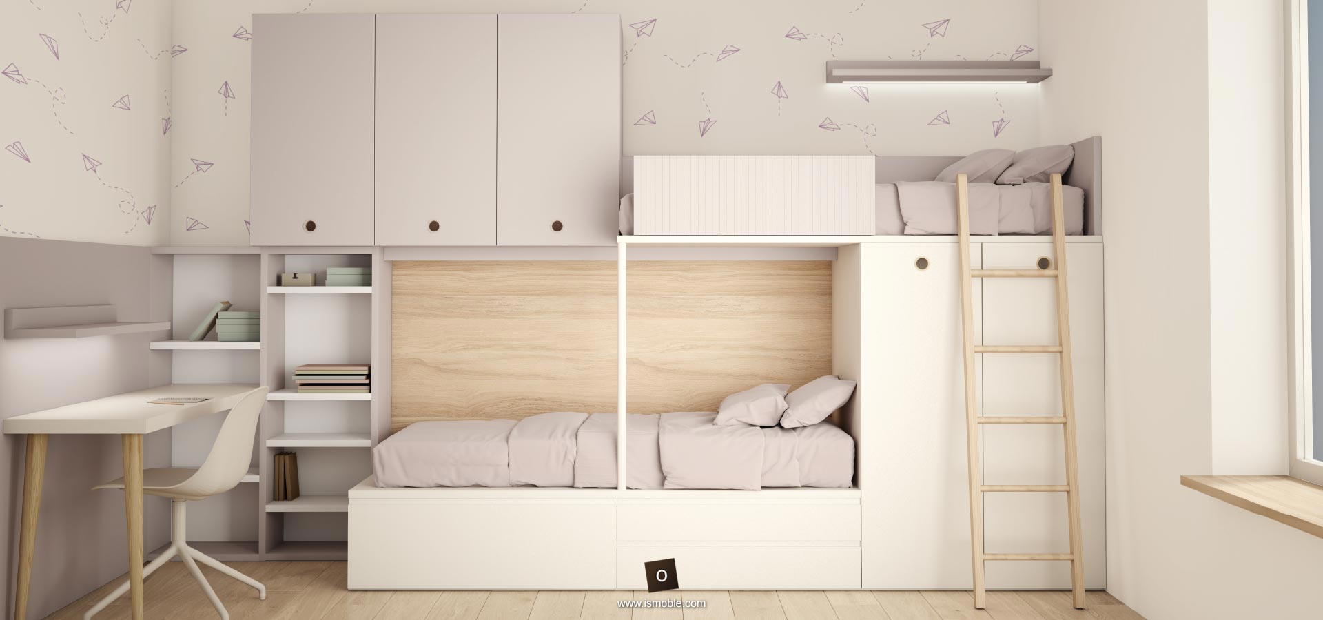 Dormitorio infantil con literas tipo tren y armarios.
